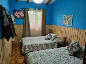 two beds in a room with blue walls and a window at Hostal Vieroto in Hanga Roa