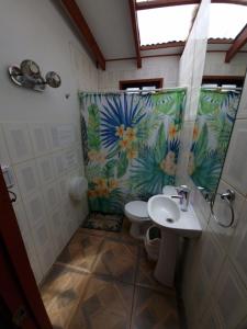 a bathroom with a shower and a toilet and a sink at Hostal Vieroto in Hanga Roa