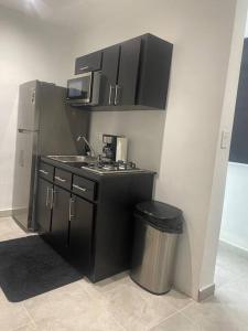 a kitchen with black cabinets and a trash can at Perfect suite #6 in San Juan
