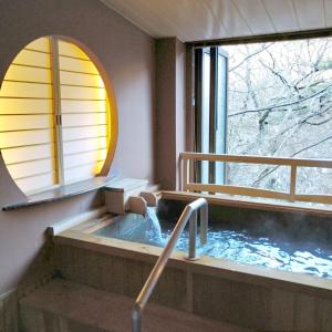 uma banheira de hidromassagem num quarto com uma janela em 日光ガーデンホテル em Nasushiobara