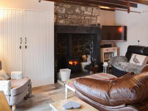 a living room with a leather couch and a fireplace at Lake View Cottage in Falstone