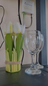 BalasanにあるJairo's Nestのワイングラス2杯、花瓶1本