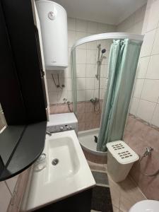 y baño con lavabo, ducha y aseo. en Apartman Harmani, en Bihać