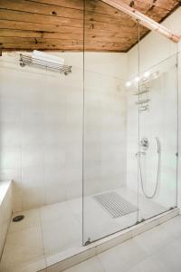una doccia con una porta in vetro in un bagno di SaffronStays Kasauli Estate a Kasauli Altre 45 foto