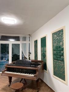 a piano sitting in a living room next to a window at 4 room flat with garden and pool in Kittsee