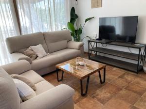 un soggiorno con divano e TV a schermo piatto di Cortijo Casita Maray a Dúrcal