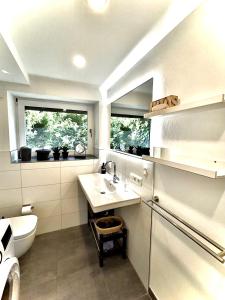 a bathroom with a sink and a toilet and two windows at GastRoom Am Seefeld in Grafing +26 photos