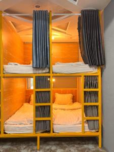 two bunk beds in a room with a wall at King Kong hostel in Da Lat