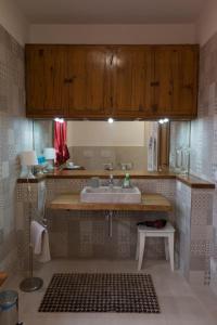 een keuken met een wastafel en houten kasten bij 26 Bed and Breakfast in Casinalbo