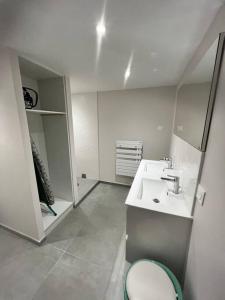 y baño con lavabo, aseo y espejo. en Maison, 150 m de la plage, la Tresson,Noirmoutier, en La Guérinière