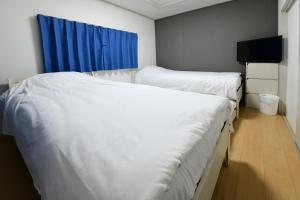two twin beds in a room with a television at JH Yellow Guest House in Tokyo