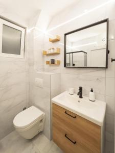 uma casa de banho com um WC, um lavatório e um espelho. em Dorotea Lux em Belgrado