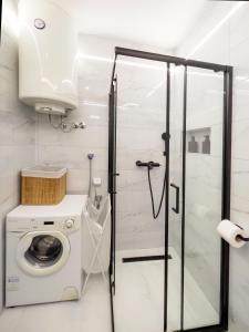 a shower in a bathroom with a washing machine at Dorotea Lux in Belgrade +8 photos