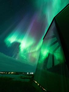 a view of the northern lights from an airplane at Aurora River Camp Glass igloos & cabins in Kiruna