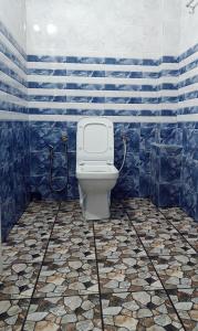 La salle de bains est pourvue de toilettes à rayures bleues et blanches. dans l'établissement chaithanya wellness centre, à Vagamon