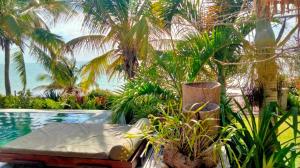 una piscina con cama y palmeras en Ebony beach, en Vilanculos