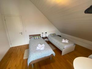 a room with two beds in a attic at Le Onze Soixante Six Duplex très ensoleillé in Perroy