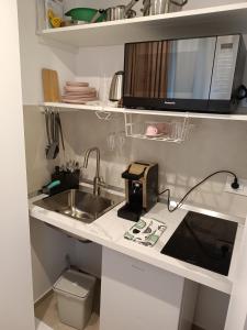 um balcão de cozinha com um micro-ondas e um lavatório em APARTMENT ANDROMEDA em Bari