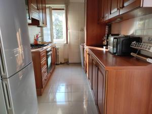 a kitchen with wooden cabinets and a white refrigerator at Casa Zoe in Piacenza