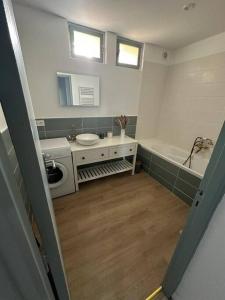 a bathroom with a sink and a washing machine at L’Amistouso in Vedène +13 photos