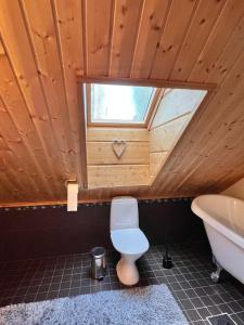 a bathroom with a toilet and a tub and a window at Saimaan Villa Mustikka in Äitsaari