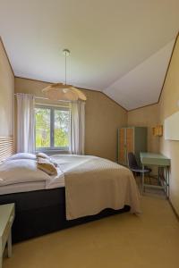 Schlafzimmer mit einem Bett, einem Fenster und einem Schreibtisch in der Unterkunft Teatralna1 in Piechowice