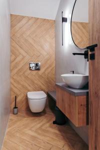 a bathroom with a sink and a toilet and a mirror at The Middle House in Satu Mare +22 photos