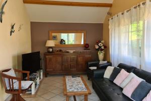 ein Wohnzimmer mit einem schwarzen Sofa und einem Spiegel in der Unterkunft Gite les Pommettes in Étretat