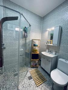 een badkamer met een douche, een toilet en een wastafel bij City Garden Apartments in Boekarest