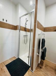 a shower with a glass door in a bathroom at Verdant, Terrasse, proche mer in Trégastel