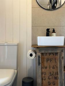 a bathroom with a white sink and a mirror at Shepherds Huts in Kidlington