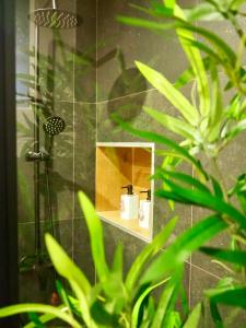 a bathroom with a shower with a mirror and some plants at Apartamento en Bilbao in Bilbao
