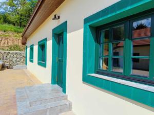 ein Gebäude mit grünen Türen und einem Fenster in der Unterkunft Apartments Eibenthal in Eibenthal