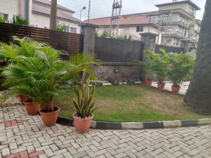 a garden with palm trees and plants in pots at Pious Court in Port Harcourt