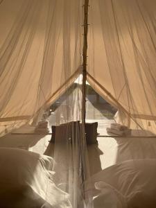 a white tent with white sheets and a plant in it at CÁDIZ -TIPI en Chiclana de la frontera, España in Chiclana de la Frontera