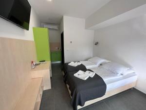 a bedroom with two beds and a flat screen tv at Villa Magdalena apartments & rooms in Maribor