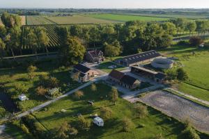 an aerial view of a farm with a building at De Boterhal - vakantiehuisje op natuurboerderij in Hem