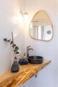 a bathroom with a sink and a mirror at De Boterhal - vakantiehuisje op natuurboerderij in Hem +40 photos