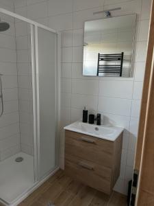 y baño blanco con lavabo y ducha. en Apartmány v soukromí pod Javorem, en Nová Bystřice