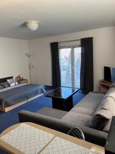 um quarto de hotel com duas camas e um sofá em Penzion Ariane em Praga