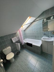 La salle de bains est pourvue de toilettes blanches et d'un lavabo. dans l'établissement Penzion Ariane, à Prague