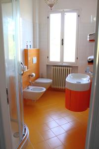 een badkamer met een douche, een toilet en een wastafel bij Re Piano appartamento I Fiori in Modigliana