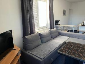 a living room with a couch and a television at Penzion Ariane in Prague