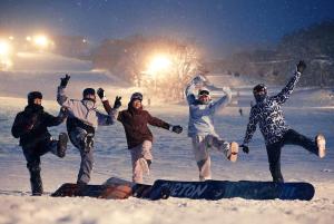 Un groupe de gens sautant dans la neige dans l'établissement Ohisama House, à Rusutsu
