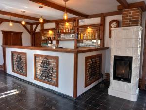 a bar in a room with a fireplace at Penzion u Vodníka in Třeboň