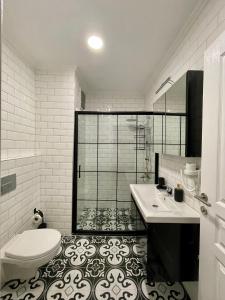 ein Bad mit einem WC, einem Waschbecken und einer Dusche in der Unterkunft K&Y Apartments in Taksim İstiklal Street in Istanbul