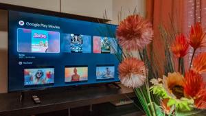 a flat screen tv sitting on a table with flowers at 1st floorC in Pula