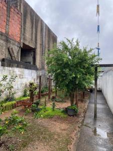 un jardin avec des arbres et des plantes devant un bâtiment dans l'établissement Casa mãe do céu - na natureza Basílica Aparecida, à Aparecida
