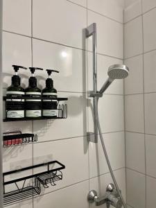 un bagno con doccia e 2 bottiglie su una mensola di Zentrale gemütliche Wohnung a Saarbrücken