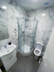 a bathroom with a shower and a toilet and a sink at MODERN 1 BEDROOM FLAT IN WOOD GREEN in London